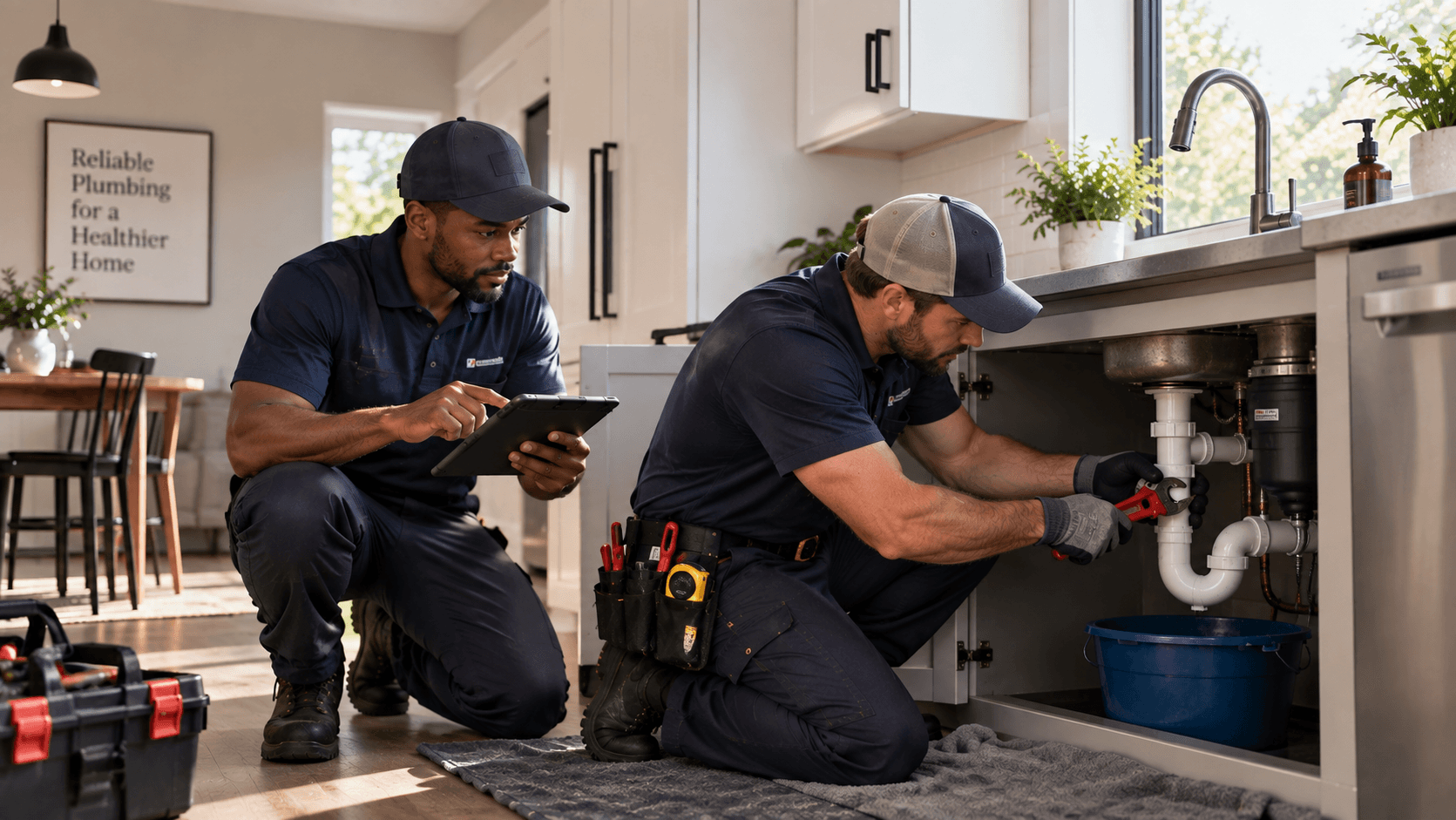 Two field service technicians working in a customer's kitchen, one reviewing a tablet and the other repairing a sink