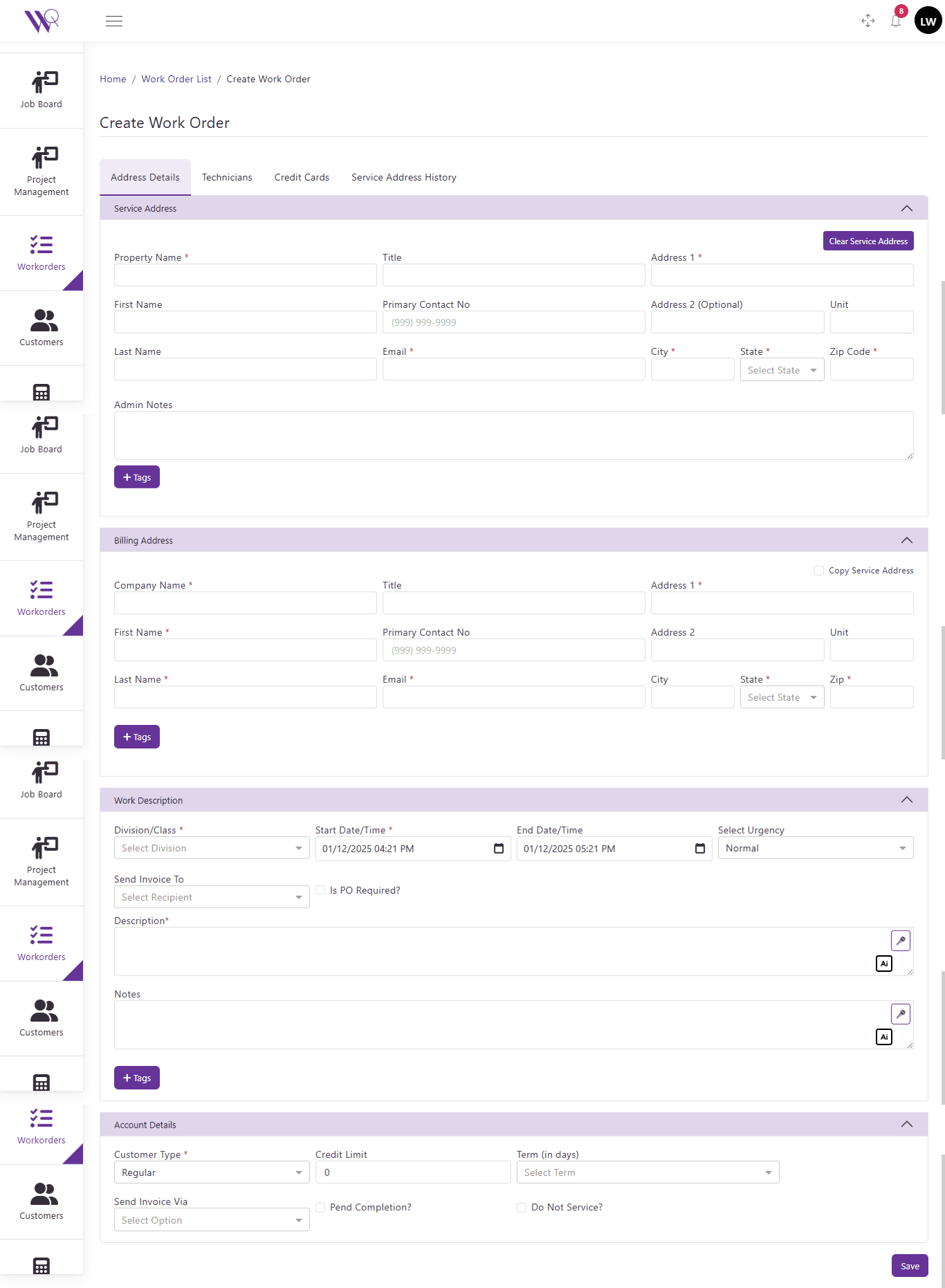 The real WorqWize Create Work Order form
