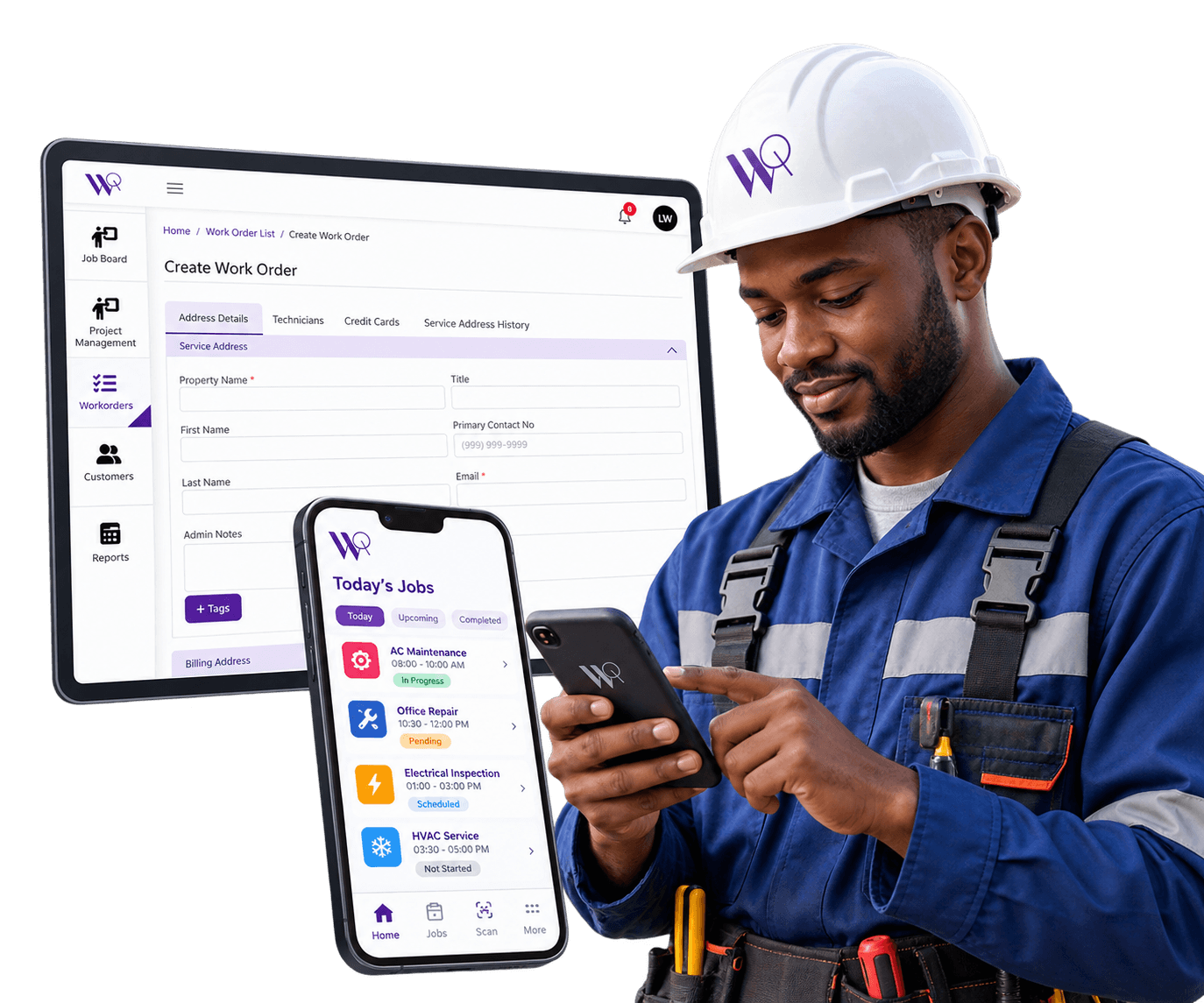 A WorqWize field technician checking Today's Jobs on the mobile app, with the Create Work Order screen shown on a tablet