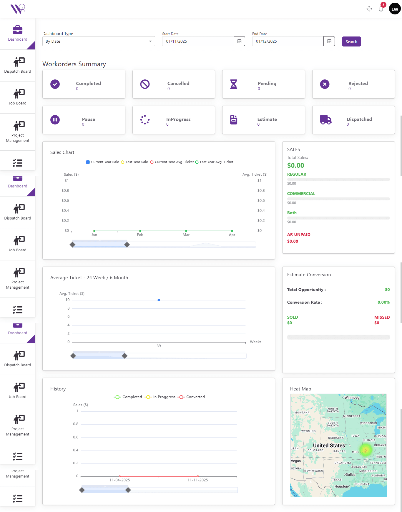 The real WorqWize dashboard: work order summary, sales chart, and job heat map