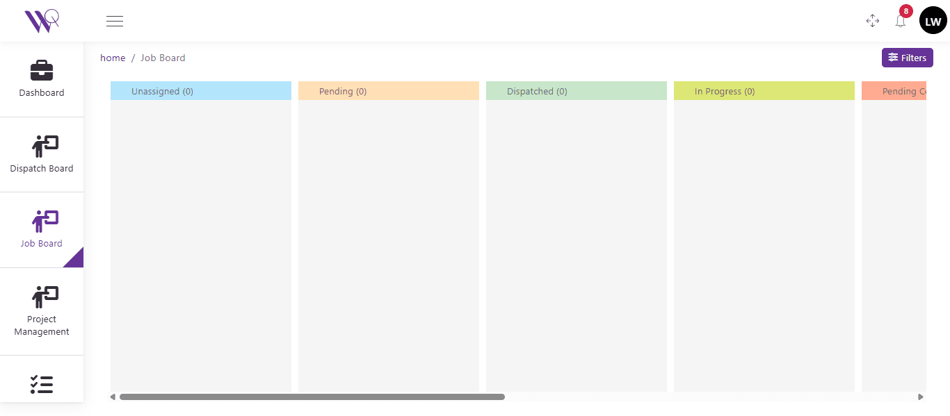 The real WorqWize Job Board, showing Unassigned, Pending, Dispatched, and In Progress columns