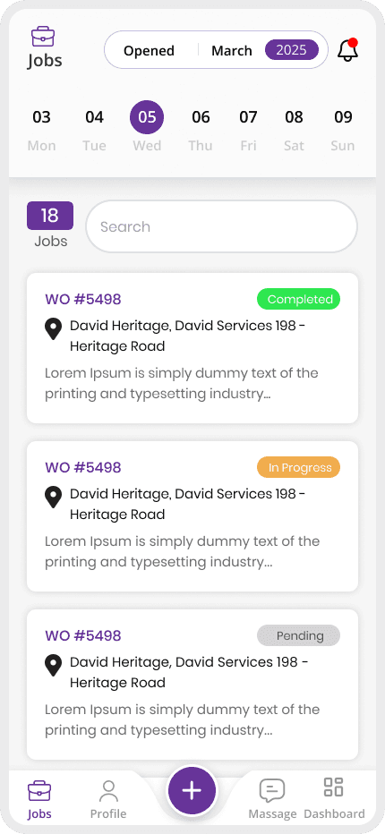 The real WorqWize mobile app Jobs list, with a weekly calendar, search, and live status badges